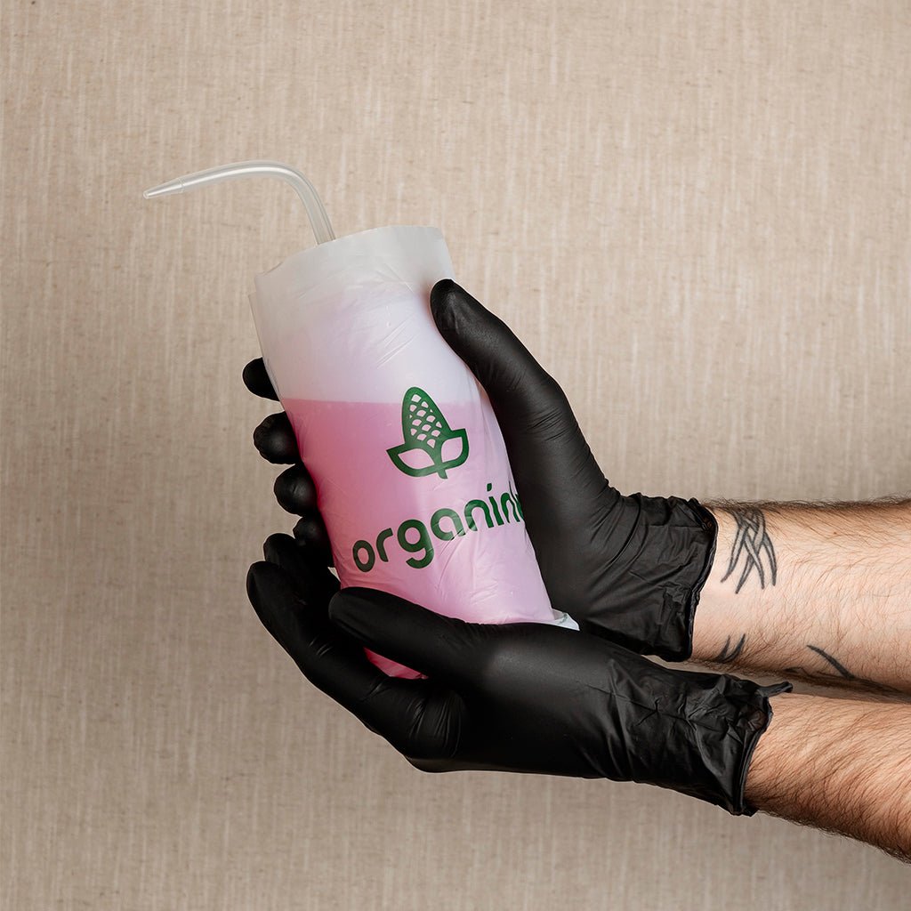 Protection pissette encre biodégradable amidon maïs Organink - Housse bouteille tatouage PMU waterproof transparent - Matériel tatouage professionnel écologique hygiène